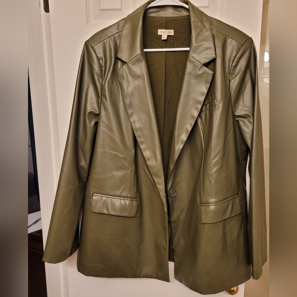 Olive Green Faux Leather Blazer